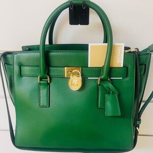 Michael Kors Green Satchel with Gold Lock and Double Handle also has long strap